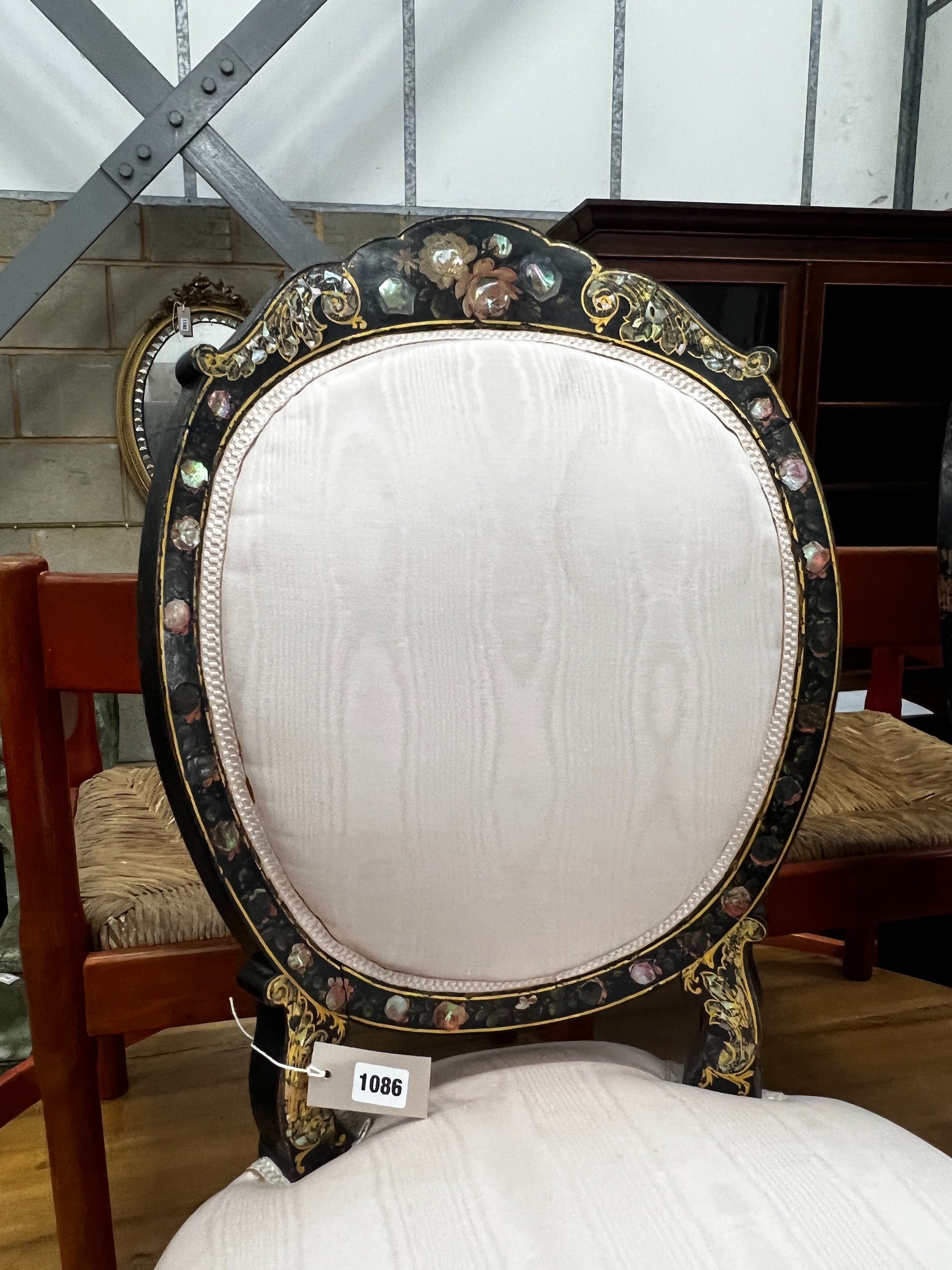 A pair of Victorian mother of pearl inlaid ebonised parcelgilt side chairs, width 52cm, depth 48cm, height 96cm